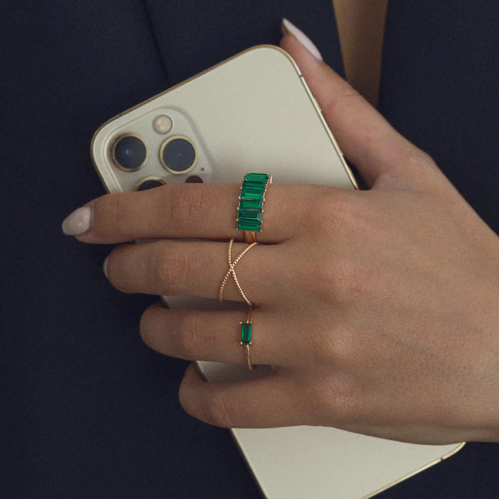 Ring With Rectangular Crystal - Green